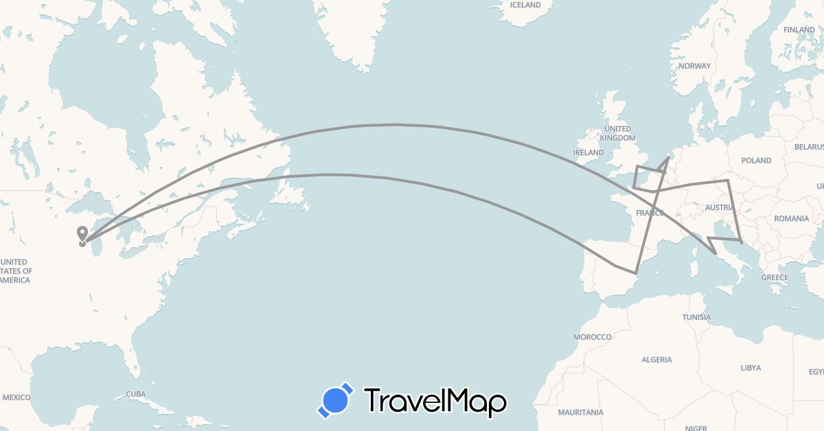 TravelMap itinerary: driving, plane in Belgium, Czech Republic, Spain, France, United Kingdom, Croatia, Italy, Netherlands, United States (Europe, North America)